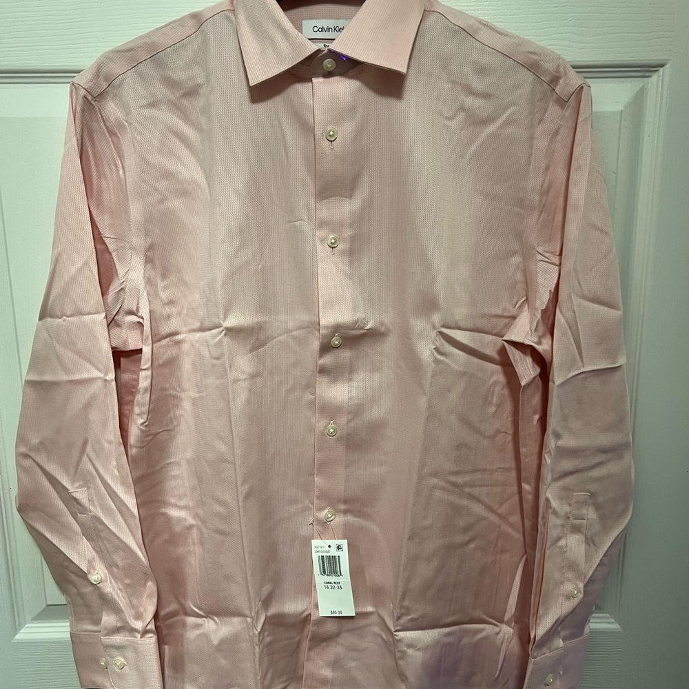 Calvin Klein Steel+ Pink (Coral) Regular Fit Dress Shirt | Size L: 16/32-33